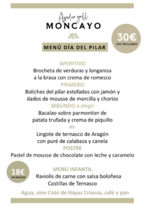 Carta del Restaurante Asador Moncayo para el Día de la Virgen del Pilar